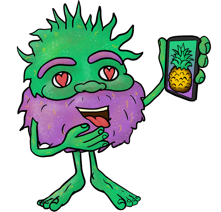 anthropomorphic cannabis plant flower using a mobile phone to choose his preferred cannabis plant product flavor of pineapple