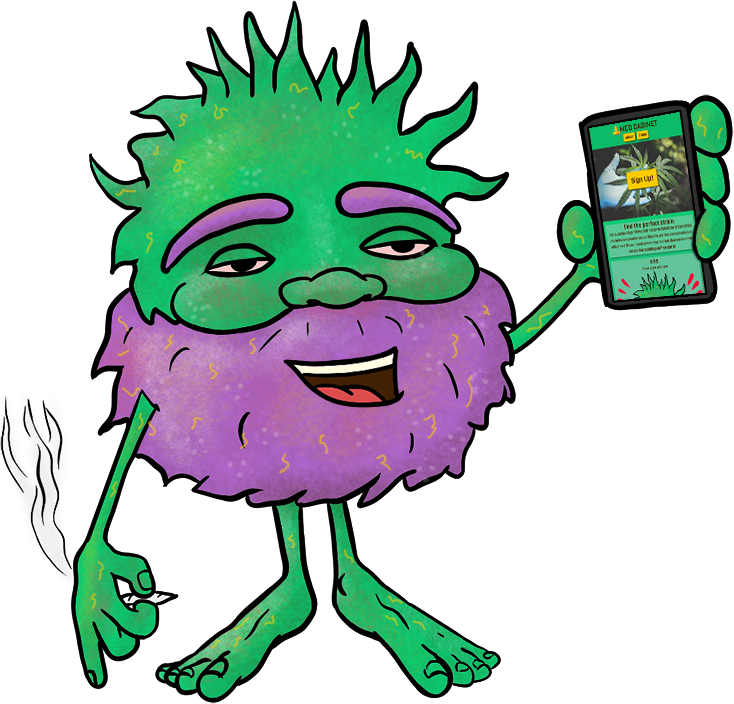 anthropomorphic cannabis plant flower showing his satisfaction with the MED CABINET application